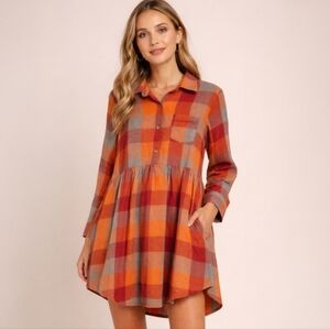 NWT Marie Nicole Plaid Babydoll Tunic Dress Orange Red Grey Checkered Size Large